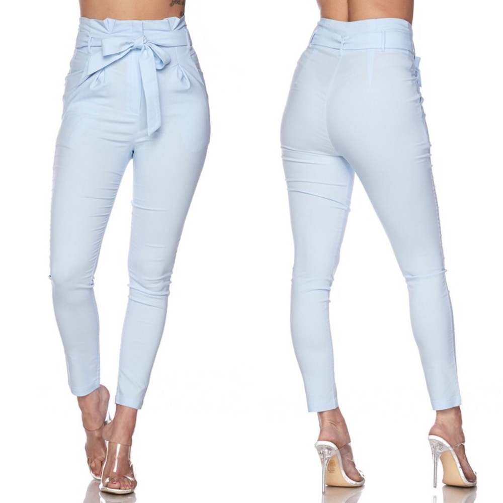 Baby Blue Tie Waist Ankle Cropped Pants